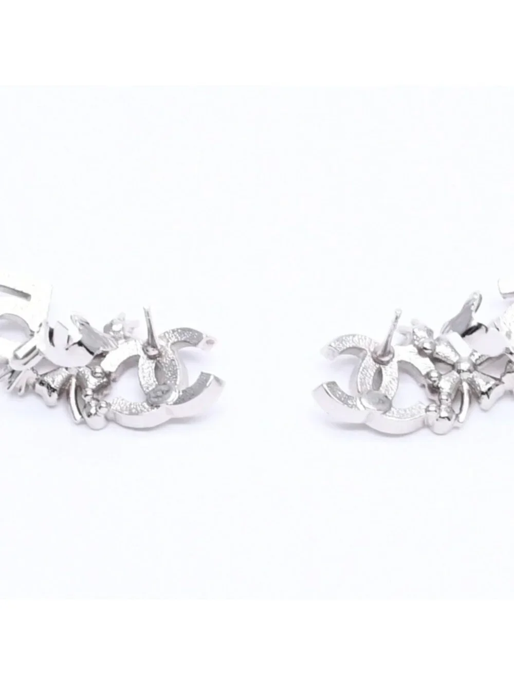 Chanel Earrings Cuff CC Logo & Stamp Metal Rhinestone Silver